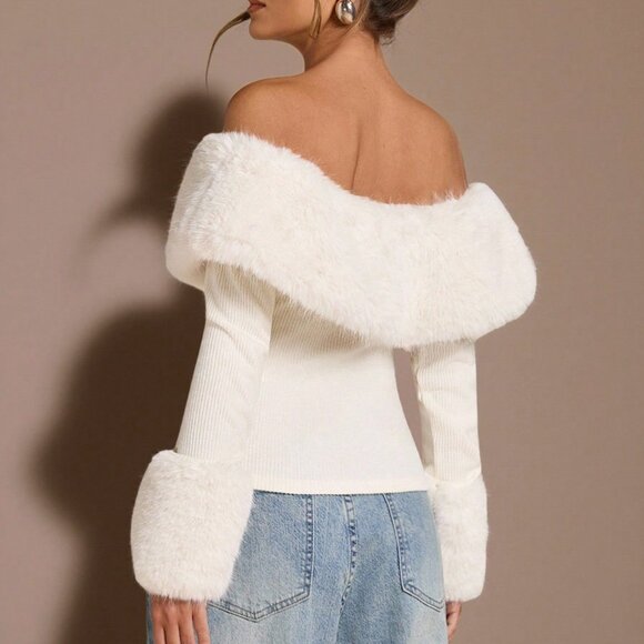Women's Casual Off Shoulder Fuzzy faux fur detailed  Sweater Top - Picture 2 of 7